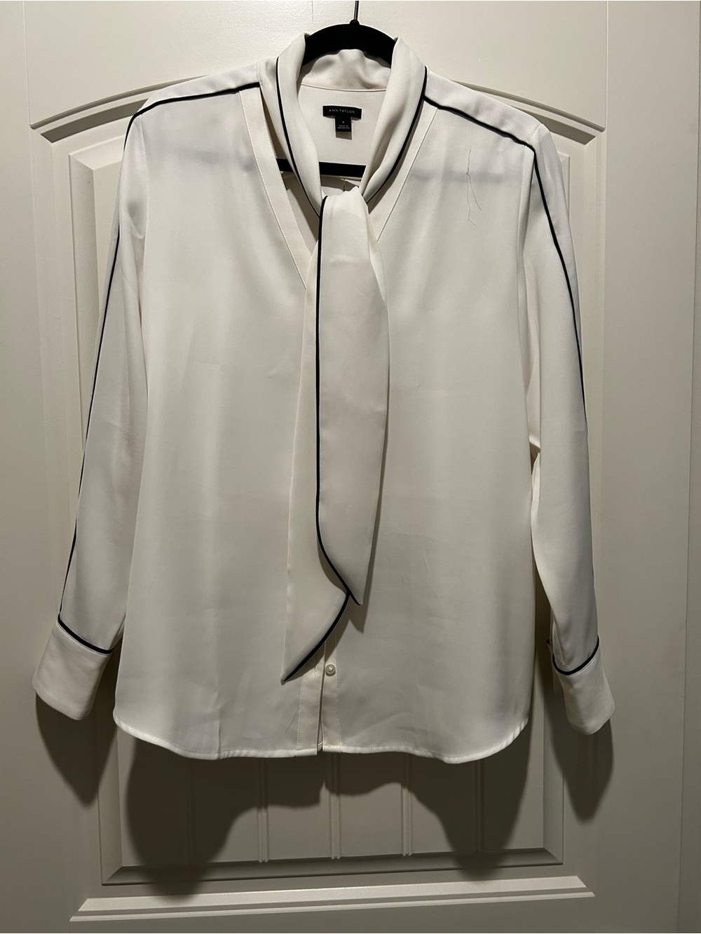 Ann Taylor Ivory Tie-Neck Blouse with Black Piping